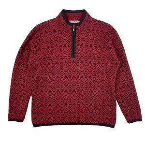 MFH Knits Baby Alpaca Blend Sweater Large Red Printed 1/4 Zip Pullover Soft